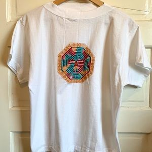 Le Coq Sportif Vintage White T-Shirt 100% Cotton Geographic Pattern Medium